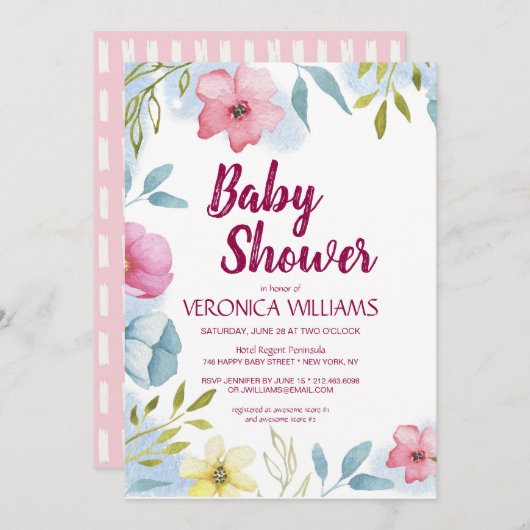 Invitation Baby shower d'aquarelle florale pour filles (Devant / Derrière)