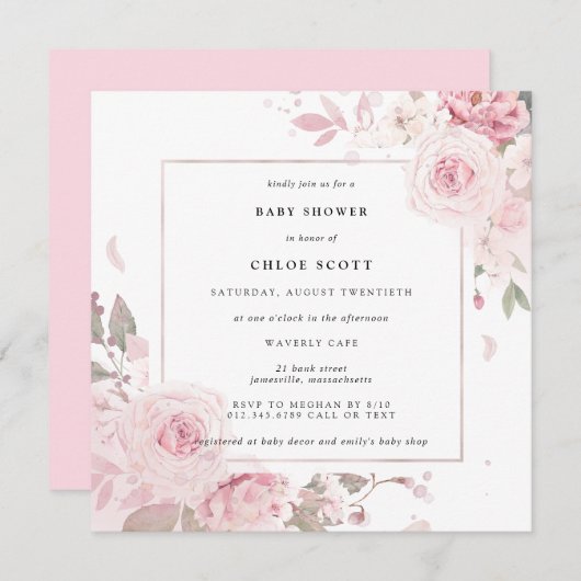 Invitation Baby shower d'aquarelle florale rose (Devant / Derrière)