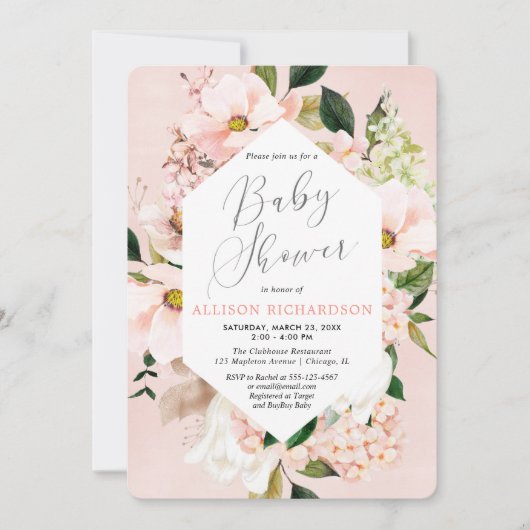 Invitation Baby shower d'aquarelle florale rose rose pâle (Devant)