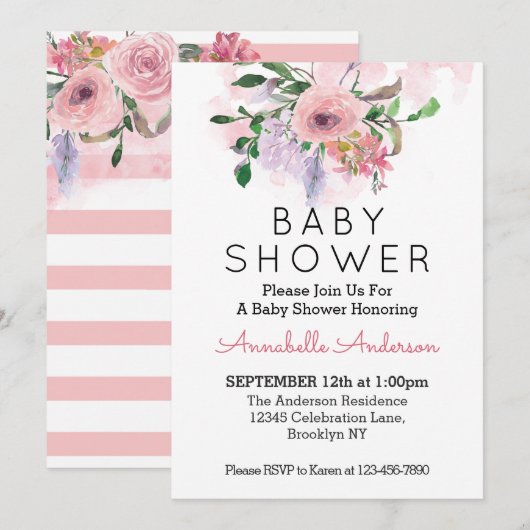 Invitation Baby shower d'aquarelle florale Rose rose pâle (Devant / Derrière)