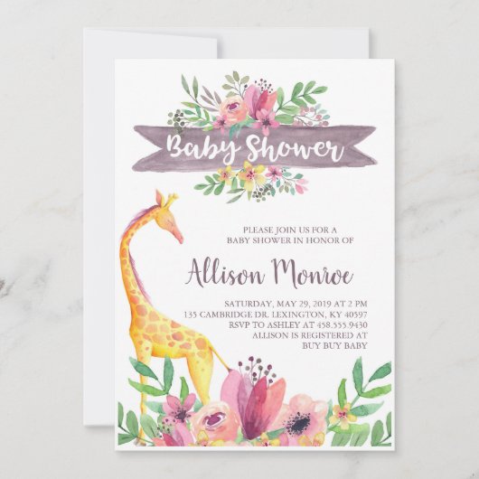 Invitation Baby shower d'aquarelle florale Safari Giraffe (Devant)