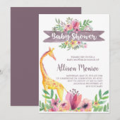 Invitation Baby shower d'aquarelle florale Safari Giraffe (Devant / Derrière)