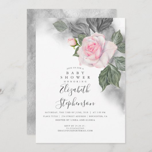 Invitation Baby shower d'aquarelle gris et rose (Devant / Derrière)
