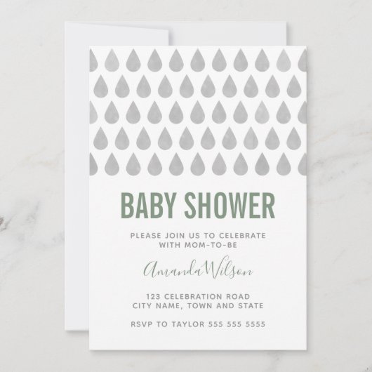 Invitation Baby shower d'aquarelle gris vert Raindrop Sage (Devant)