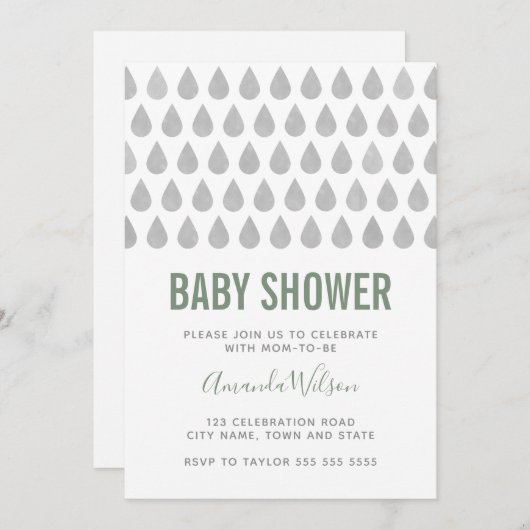 Invitation Baby shower d'aquarelle gris vert Raindrop Sage (Devant / Derrière)