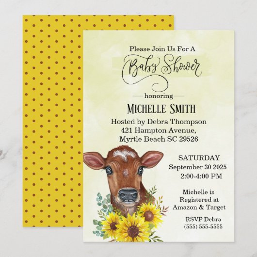 Invitation Baby shower d'aquarelle jaune de la vache de ferme (Devant / Derrière)