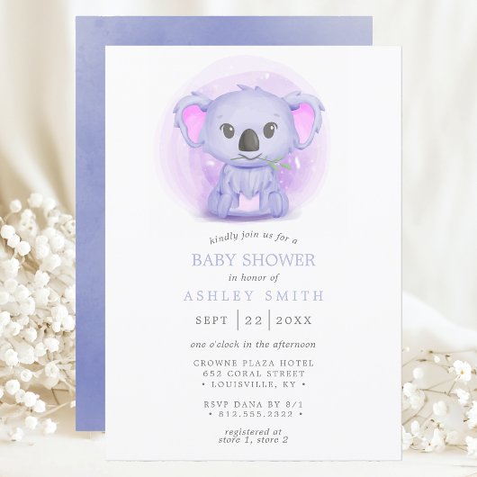 Invitation Baby shower d'aquarelle mauve Koala mignonne Whims