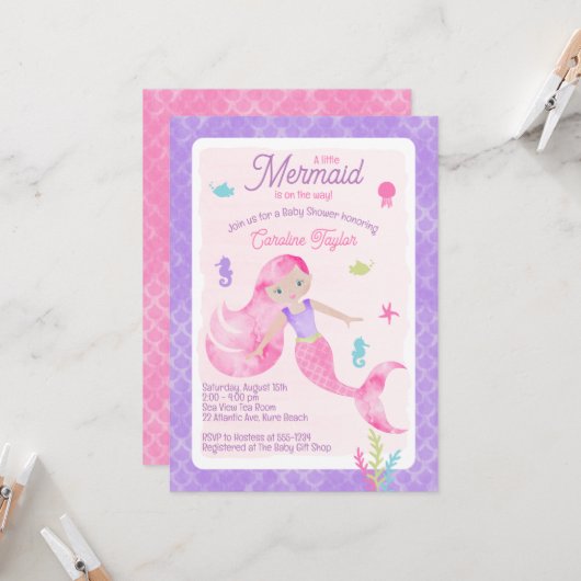 Invitation Baby shower d'aquarelle mauve-rose (Devant/Arrière en situation)