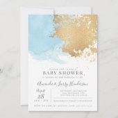 Invitation Baby shower d'aquarelle moderne bleu et or (Devant)