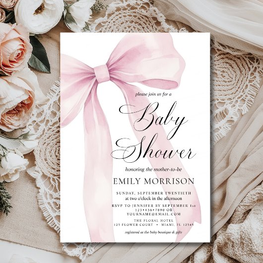 Invitation Baby shower d'aquarelle moderne Blush Rose Bow Gir