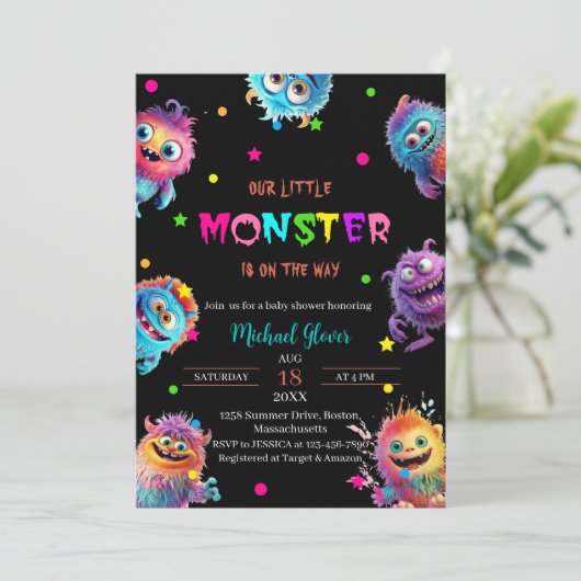 Invitation Baby shower d'aquarelle moderne Little Monsters (Debout devant)