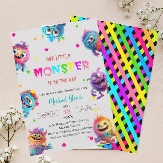 Invitation Baby shower d'aquarelle moderne Little Monsters In