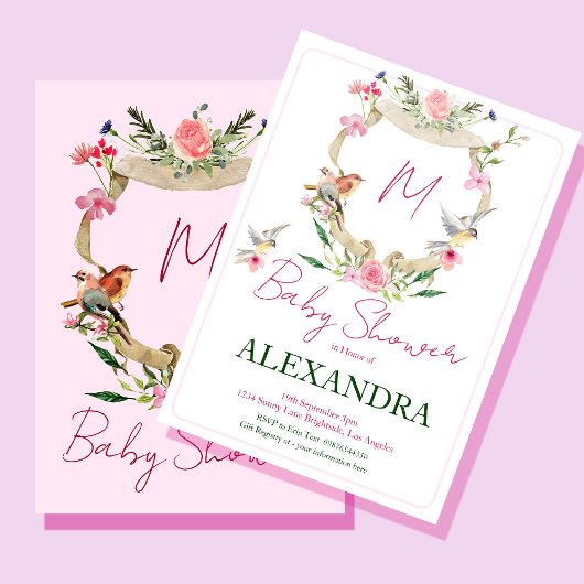 Invitation Baby shower d'aquarelle Monogram Floral Crest