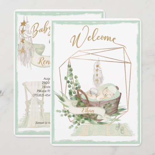 Invitation Baby shower d'aquarelle neutre pour le genre Boho (Devant / Derrière)