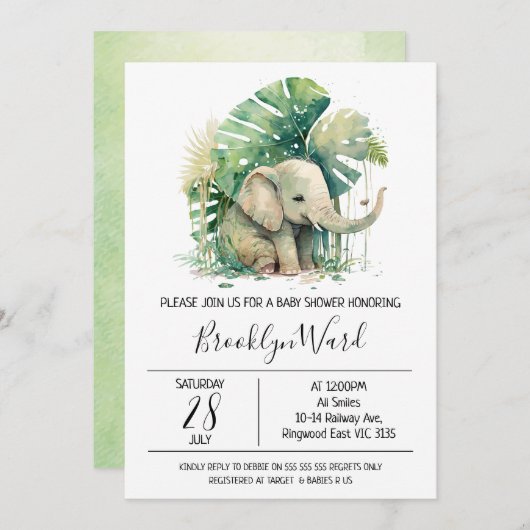 Invitation Baby shower d'aquarelle neutre pour les éléphants (Devant / Derrière)