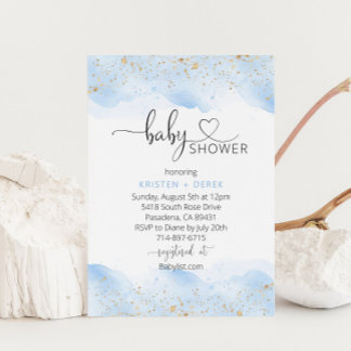 Invitation Baby shower d'aquarelle or et bleu