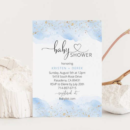 Invitation Baby shower d'aquarelle or et bleu