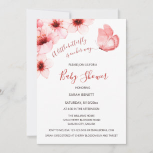 Invitation Baby shower d'aquarelle papillon cerise en fleurs