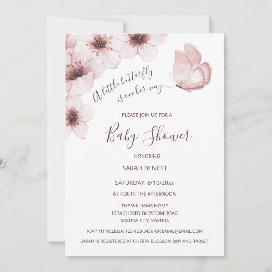 Invitation Baby shower d'aquarelle papillon cerise en fleurs (Devant)
