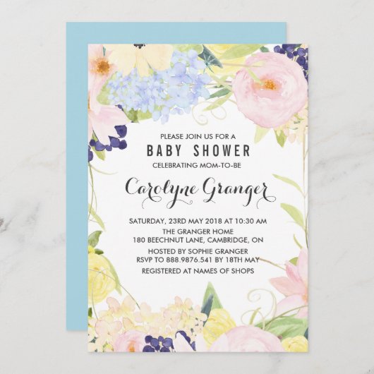 Invitation Baby shower d'aquarelle Pastel Spring Flowers (Devant / Derrière)