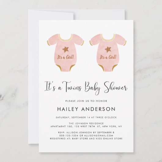 Invitation Baby shower d'aquarelle pour filles jumelles migno (Devant)