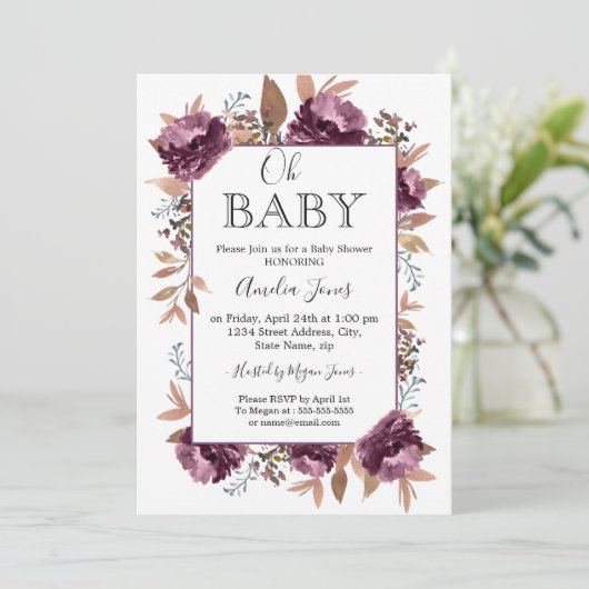 Invitation Baby shower d'aquarelle pourpre (Debout devant)