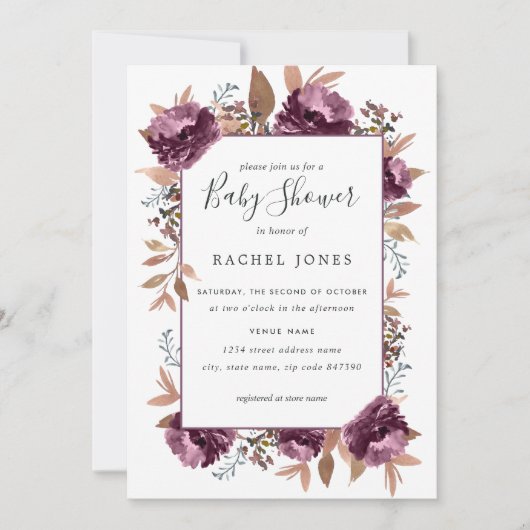 Invitation Baby shower d'aquarelle pourpre (Devant)