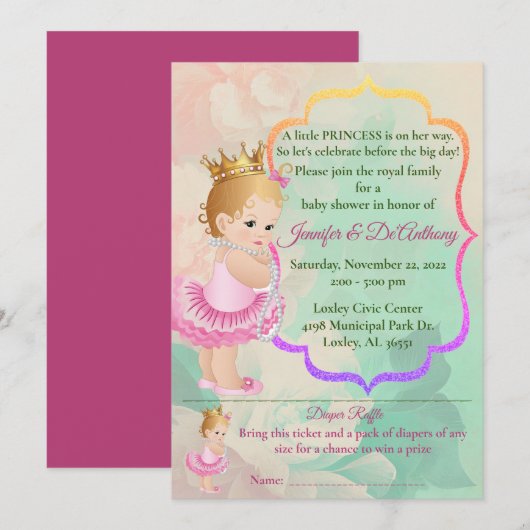Invitation Baby shower d'aquarelle Princess Baby (Devant / Derrière)
