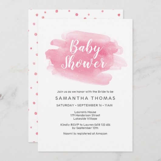 Invitation Baby shower d'aquarelle rose (Devant / Derrière)