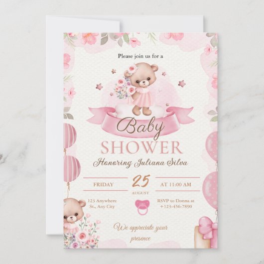 Invitation Baby shower d'aquarelle rose (Devant)