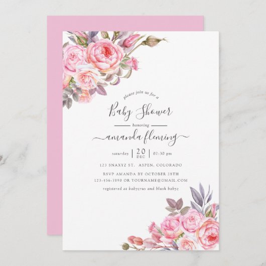 Invitation Baby shower d'aquarelle rose (Devant / Derrière)