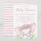 Invitation Baby shower d'aquarelle rose de la fille Eléphant (Devant / Derrière)
