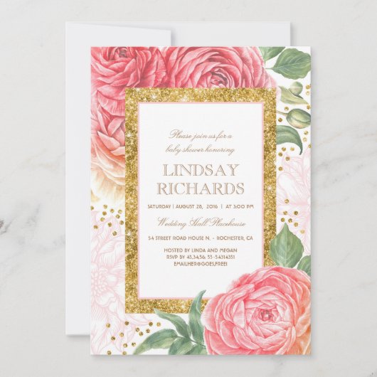 Invitation Baby shower d'aquarelle rose Floral Gold Confetti (Devant)