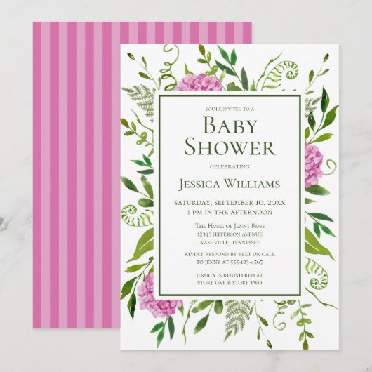 Invitation Baby shower d'aquarelle rose Hydrangeas (Devant / Derrière)