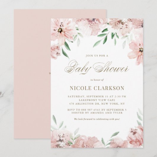 Invitation Baby shower d'aquarelle rose mauve (Devant / Derrière)
