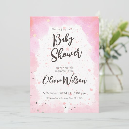Invitation Baby shower d'aquarelle rose, Oh Baby shower fille (Debout devant)