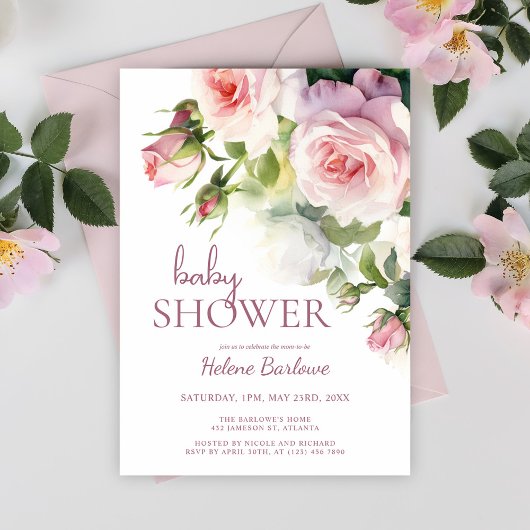 Invitation Baby shower d'aquarelle rose pâle