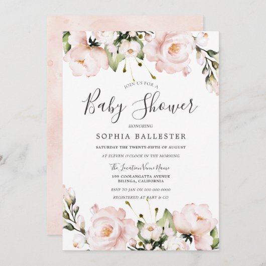 Invitation Baby shower d'aquarelle rose pâle (Devant / Derrière)