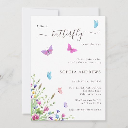 Invitation Baby shower d'aquarelle rose papillon (Devant)