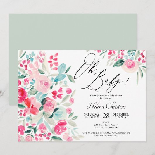 Invitation Baby shower d'aquarelle rose pastel (Devant / Derrière)