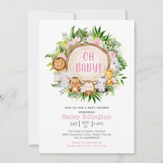 Invitation Baby shower d'aquarelle rose Safari Jungle Oh Baby (Devant)