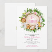 Invitation Baby shower d'aquarelle rose Safari Jungle Oh Baby (Devant / Derrière)