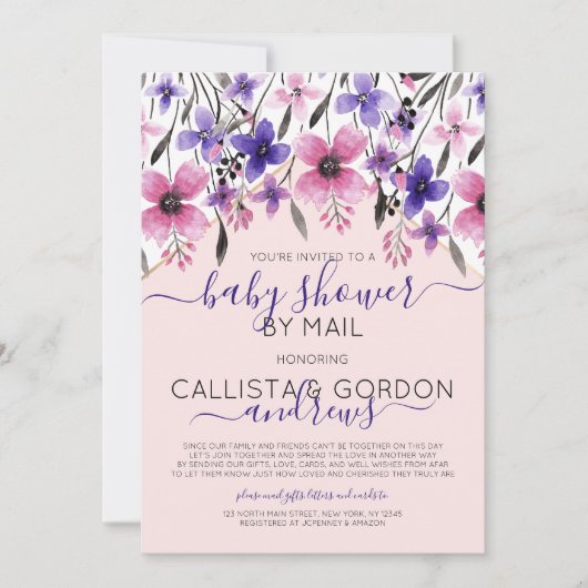 Invitation Baby shower d'aquarelle rose violet par courrier (Devant)