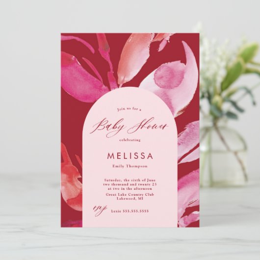 Invitation Baby shower d'aquarelle rouge et rose (Debout devant)