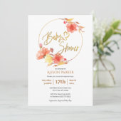 Invitation Baby shower d'aquarelle rouge or fleuri (Debout devant)
