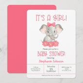 Invitation Baby shower d'aquarelle simple rose Elephant Girl (Devant / Derrière)