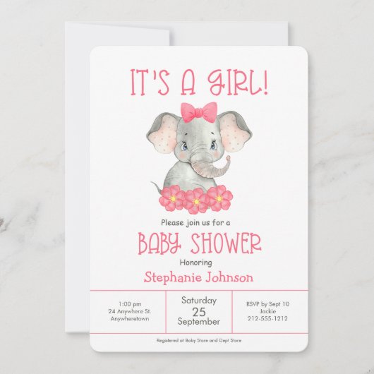 Invitation Baby shower d'aquarelle simple rose Elephant Girl (Devant)