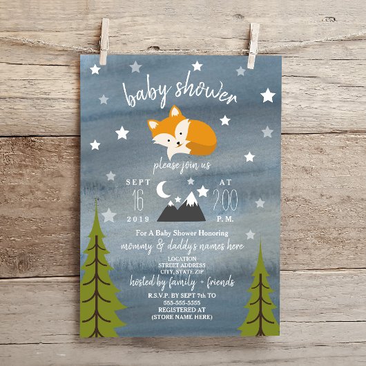 Invitation Baby shower d'aquarelle Sleepy Fox Mountains