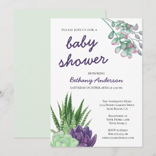 Invitation Baby shower d'aquarelle Succulents et Aloe Vera (Devant / Derrière)