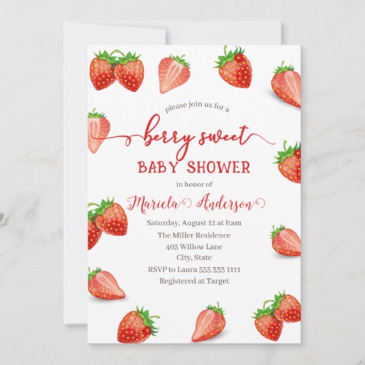 Invitation Baby shower d'aquarelle sucrée fraise (Devant)